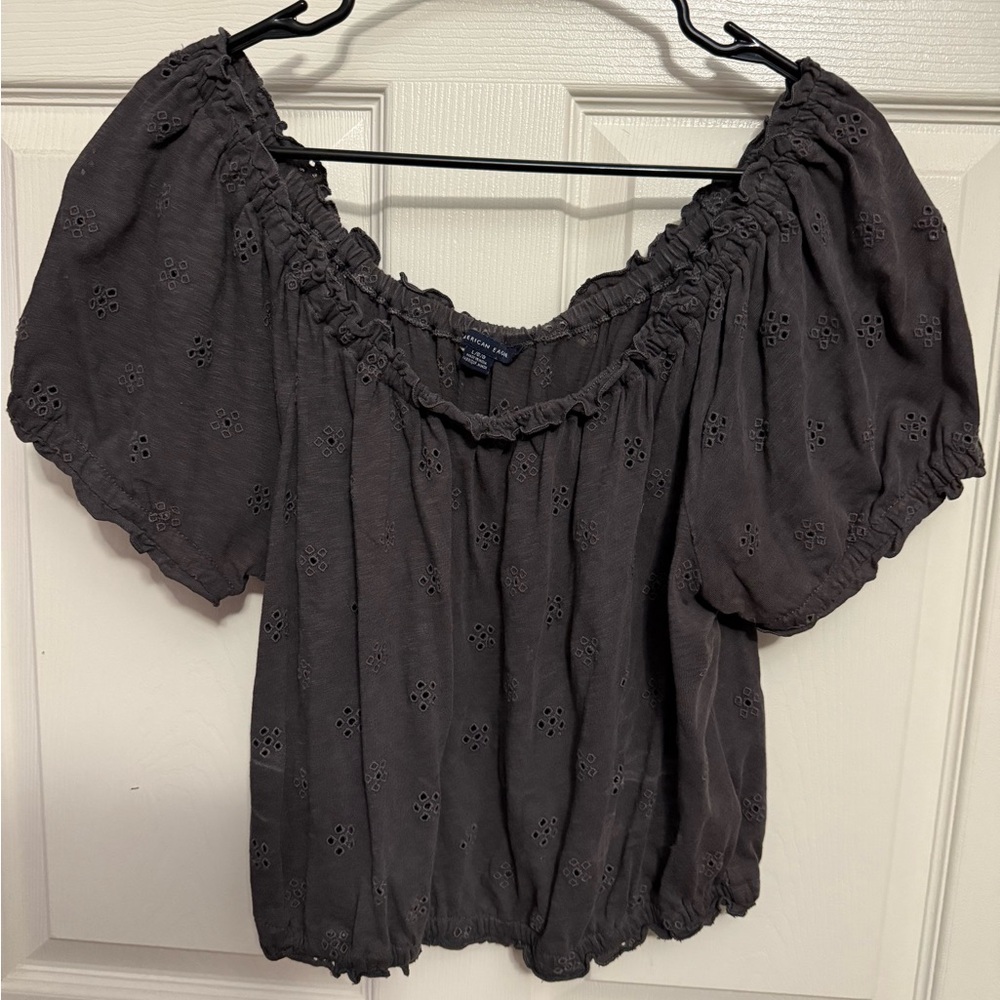 American Eagle Outfitters Dark Gray Eyelet Blouse